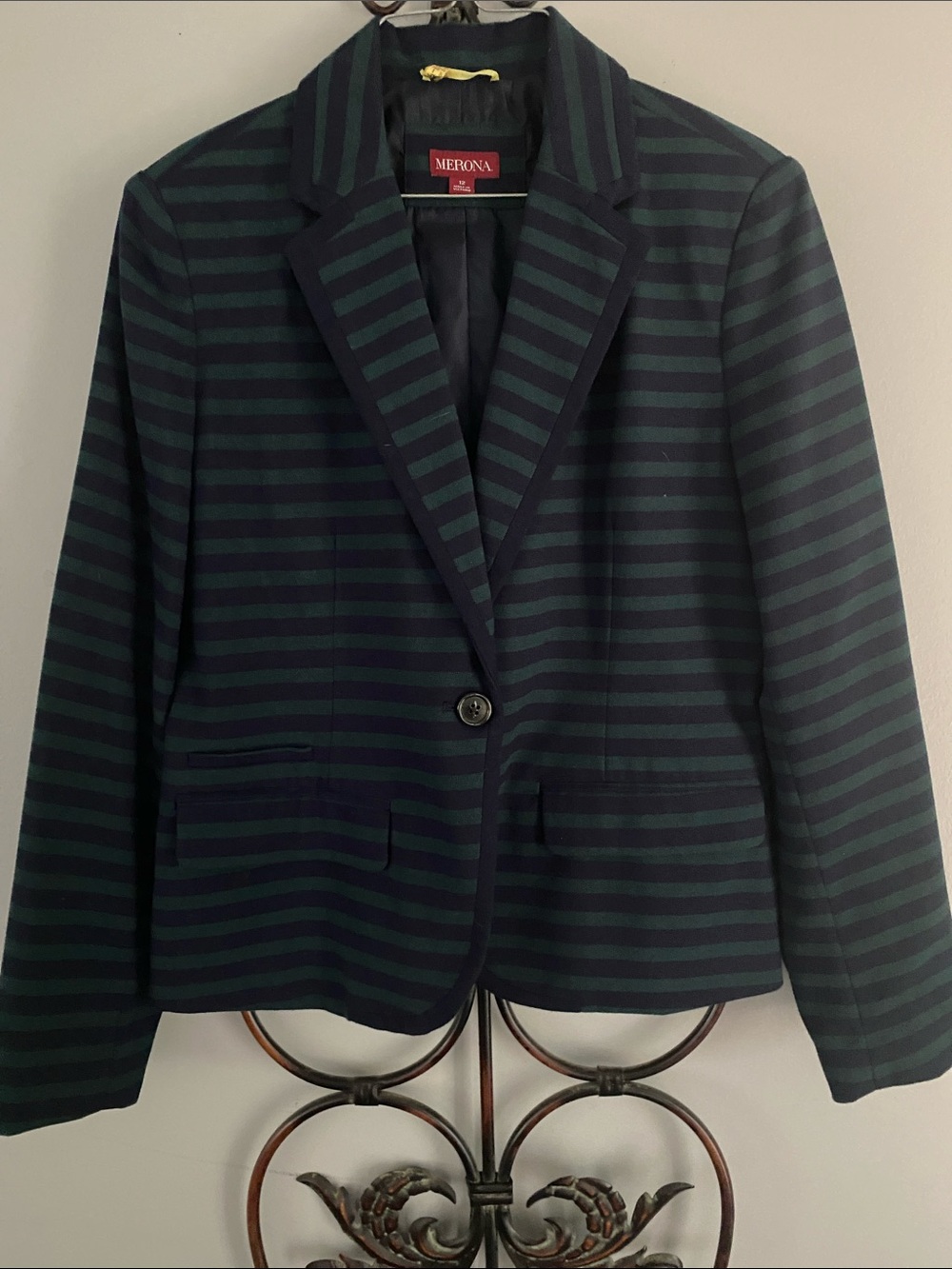 Merona Navy and Green Striped Single-Button Blazer